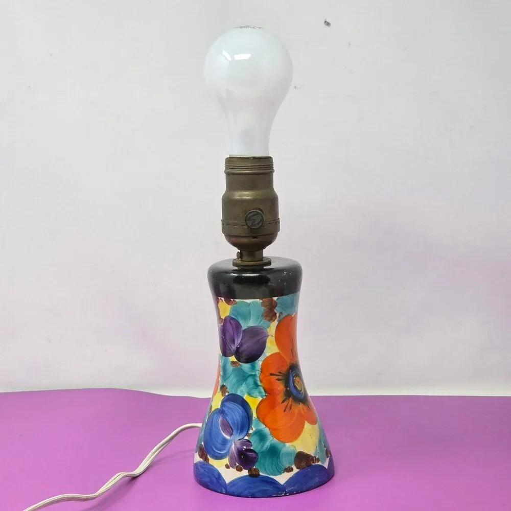 Vintage Hand-Painted‎ Floral Ceramic Table Lamp Base Socket & Cord Boho #509